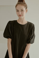 Elegant Puff Sleeve A-Line Dress in Breathable Cotton Poplin Fabric with Flowy Skirt Design