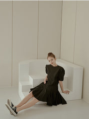 Elegant Puff Sleeve A-Line Dress in Breathable Cotton Poplin Fabric with Flowy Skirt Design