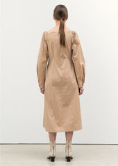 Elegant Midi-Length Linen Dress With Ruched Bodice And Voluminous Long Sleeves