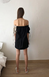 Off-Shoulder Linen Mini Dress with Puff Sleeves and Adjustable Tie Accents