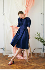 Elegant A-line Linen Midi Dress with Button-Front and Defined Waist for Flattering Fit