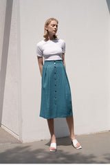 High-Waisted Button-Front Midi Skirt in Premium Linen Blend with Tailored Pleat Detailing