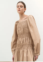 Elegant Midi-Length Linen Dress With Ruched Bodice And Voluminous Long Sleeves