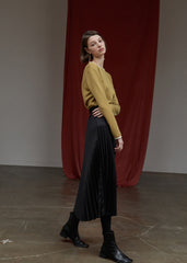 High-Waisted Pleated Silk Midi Skirt for Women with Elastic Waistband – Elegant Evening Bottom