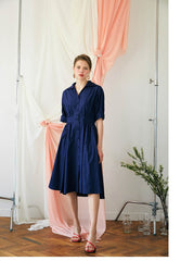 Elegant A-line Linen Midi Dress with Button-Front and Defined Waist for Flattering Fit