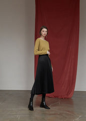 High-Waisted Pleated Silk Midi Skirt for Women with Elastic Waistband – Elegant Evening Bottom