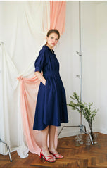 Elegant A-line Linen Midi Dress with Button-Front and Defined Waist for Flattering Fit