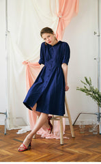 Elegant A-line Linen Midi Dress with Button-Front and Defined Waist for Flattering Fit