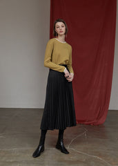 High-Waisted Pleated Silk Midi Skirt for Women with Elastic Waistband – Elegant Evening Bottom