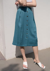 High-Waisted Button-Front Midi Skirt in Premium Linen Blend with Tailored Pleat Detailing