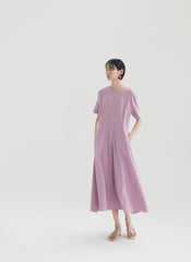 Short Sleeve Flared Linen Midi Dress with Seam Detailing and Soft A-Line Silhouette