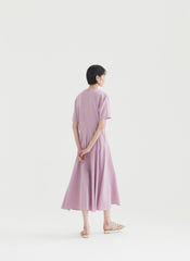 Short Sleeve Flared Linen Midi Dress with Seam Detailing and Soft A-Line Silhouette