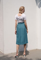 High-Waisted Button-Front Midi Skirt in Premium Linen Blend with Tailored Pleat Detailing