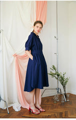 Elegant A-line Linen Midi Dress with Button-Front and Defined Waist for Flattering Fit