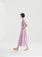 Short Sleeve Flared Linen Midi Dress with Seam Detailing and Soft A-Line Silhouette