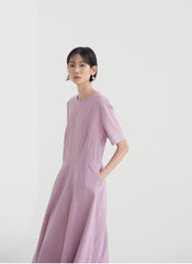 Short Sleeve Flared Linen Midi Dress with Seam Detailing and Soft A-Line Silhouette