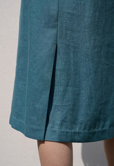 High-Waisted Button-Front Midi Skirt in Premium Linen Blend with Tailored Pleat Detailing