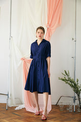 Elegant A-line Linen Midi Dress with Button-Front and Defined Waist for Flattering Fit