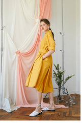 Elegant A-Line Button-Front Midi Dress in Breathable Linen with Waistband Detailing