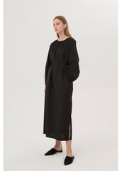 Elegant Long Sleeve Midi Dress In Breathable Linen With Gathered Neckline And Tie Waist