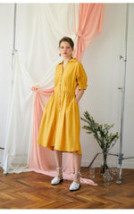 Elegant A-Line Button-Front Midi Dress in Breathable Linen with Waistband Detailing