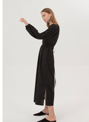 Elegant Long Sleeve Midi Dress In Breathable Linen With Gathered Neckline And Tie Waist
