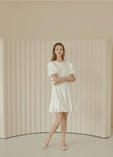 Flared A-Line Cotton Poplin Dress with Puff Sleeves and Fitted Bodice for Feminine Silhouette