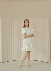 Flared A-Line Cotton Poplin Dress with Puff Sleeves and Fitted Bodice for Feminine Silhouette