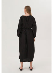 Elegant Long Sleeve Midi Dress In Breathable Linen With Gathered Neckline And Tie Waist