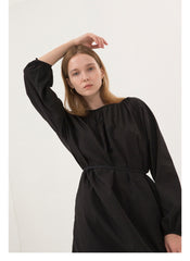 Elegant Long Sleeve Midi Dress In Breathable Linen With Gathered Neckline And Tie Waist