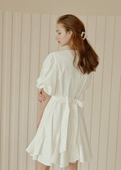 Flared A-Line Cotton Poplin Dress with Puff Sleeves and Fitted Bodice for Feminine Silhouette