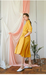 Elegant A-Line Button-Front Midi Dress in Breathable Linen with Waistband Detailing