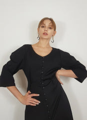 V-Neck Linen Midi Dress with 3/4 Sleeves and Button-Down Front for an Elegant, Feminine Silhouette