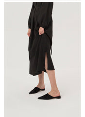 Elegant Long Sleeve Midi Dress In Breathable Linen With Gathered Neckline And Tie Waist