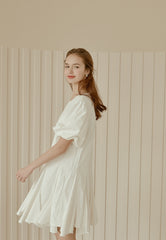 Flared A-Line Cotton Poplin Dress with Puff Sleeves and Fitted Bodice for Feminine Silhouette