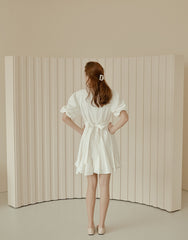 Flared A-Line Cotton Poplin Dress with Puff Sleeves and Fitted Bodice for Feminine Silhouette