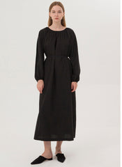 Elegant Long Sleeve Midi Dress In Breathable Linen With Gathered Neckline And Tie Waist