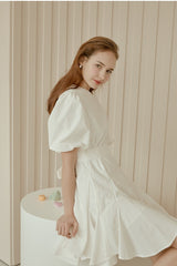 Flared A-Line Cotton Poplin Dress with Puff Sleeves and Fitted Bodice for Feminine Silhouette