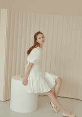 Flared A-Line Cotton Poplin Dress with Puff Sleeves and Fitted Bodice for Feminine Silhouette