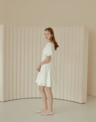 Flared A-Line Cotton Poplin Dress with Puff Sleeves and Fitted Bodice for Feminine Silhouette