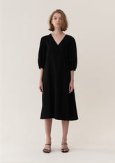 Elegant Wrap-Style Midi Linen Dress With Puff Sleeves And Adjustable Waist Tie
