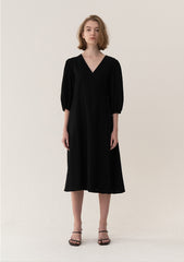 Elegant Wrap-Style Midi Linen Dress With Puff Sleeves And Adjustable Waist Tie