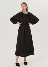 Elegant Long Sleeve Midi Dress In Breathable Linen With Gathered Neckline And Tie Waist