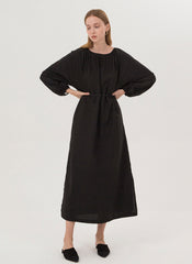 Elegant Long Sleeve Midi Dress In Breathable Linen With Gathered Neckline And Tie Waist