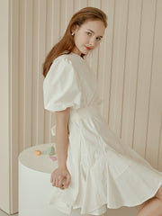 Flared A-Line Cotton Poplin Dress with Puff Sleeves and Fitted Bodice for Feminine Silhouette