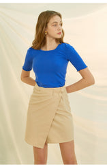 Asymmetric Wrap High-Waist Skirt in Linen Fabric with Minimalist Button Detail