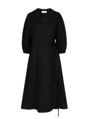 Elegant Wrap-Style Midi Linen Dress With Puff Sleeves And Adjustable Waist Tie