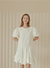 Flared A-Line Cotton Poplin Dress with Puff Sleeves and Fitted Bodice for Feminine Silhouette