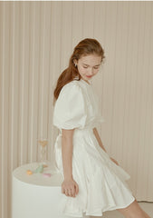 Flared A-Line Cotton Poplin Dress with Puff Sleeves and Fitted Bodice for Feminine Silhouette