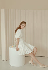 Flared A-Line Cotton Poplin Dress with Puff Sleeves and Fitted Bodice for Feminine Silhouette